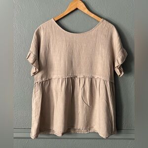 Elena Baldi Italian Linen Babydoll Top Tan Made in Italy Size M